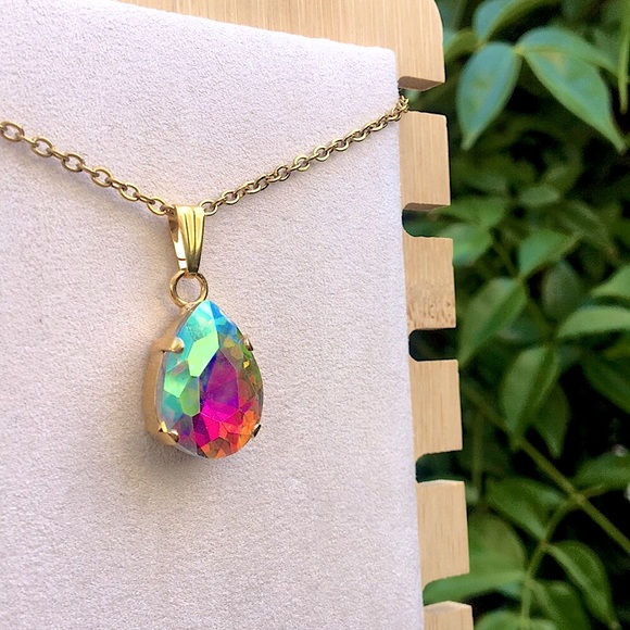 Aurora Borealis + Gold Pear Crystal Drop Pendant Necklace - Picture 3 of 12